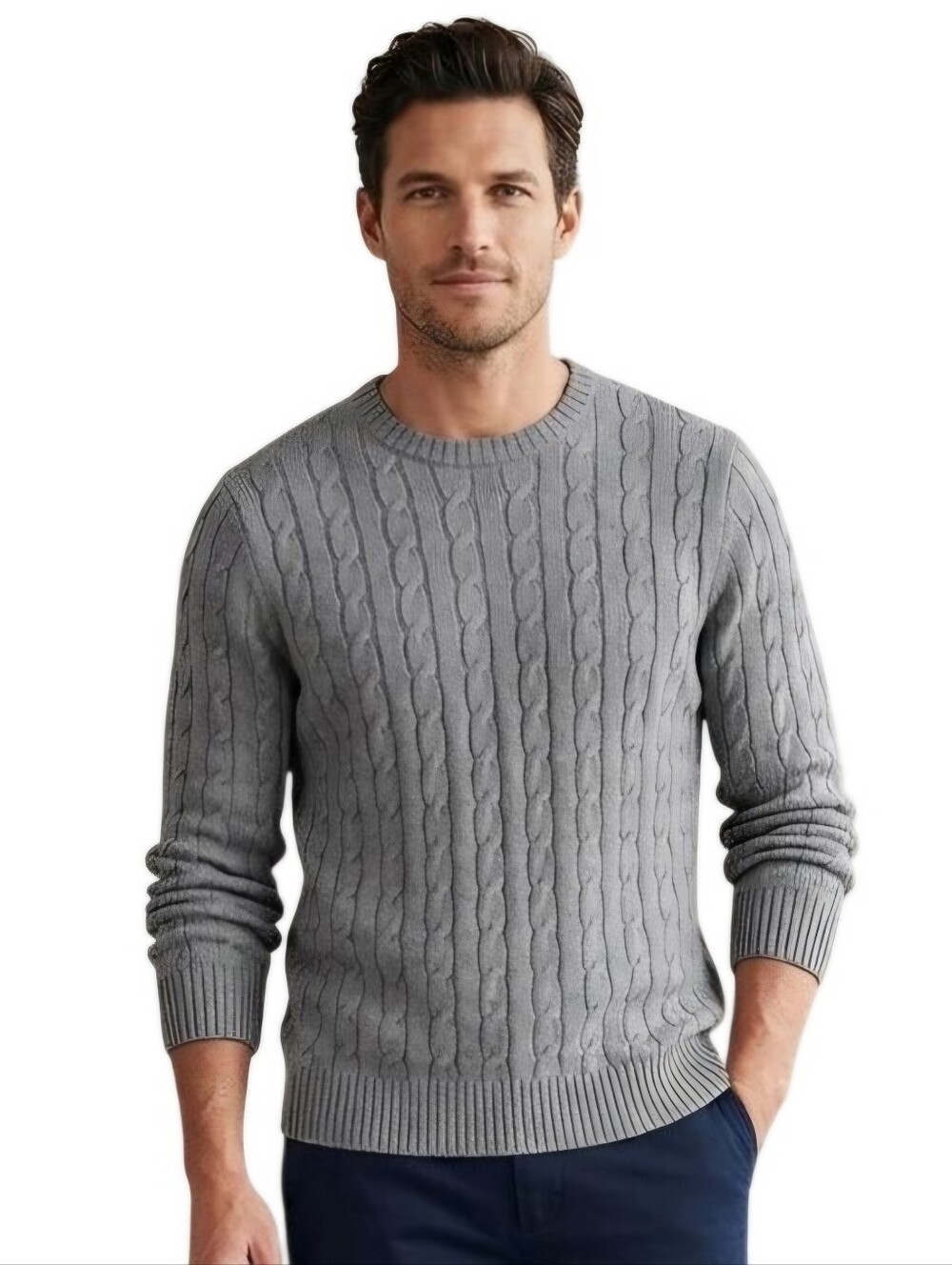 Lands' End Drifter Sweater Gray CableKnit 100% Cotton All Season Classic Size XL